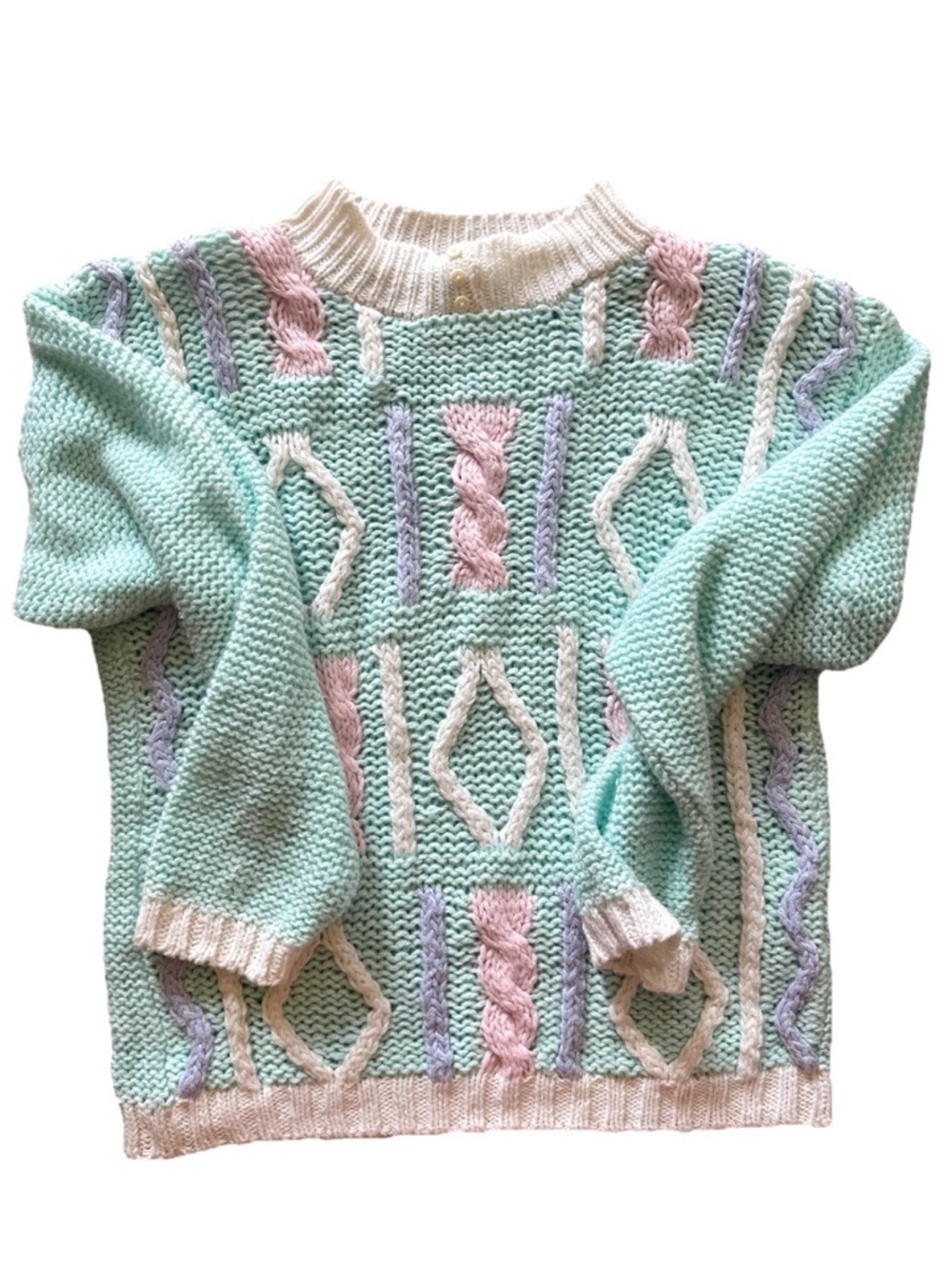 Vintage 90s Pastel Cable Knit Sweater M Coquette Grandmacore Chunky Aqua
